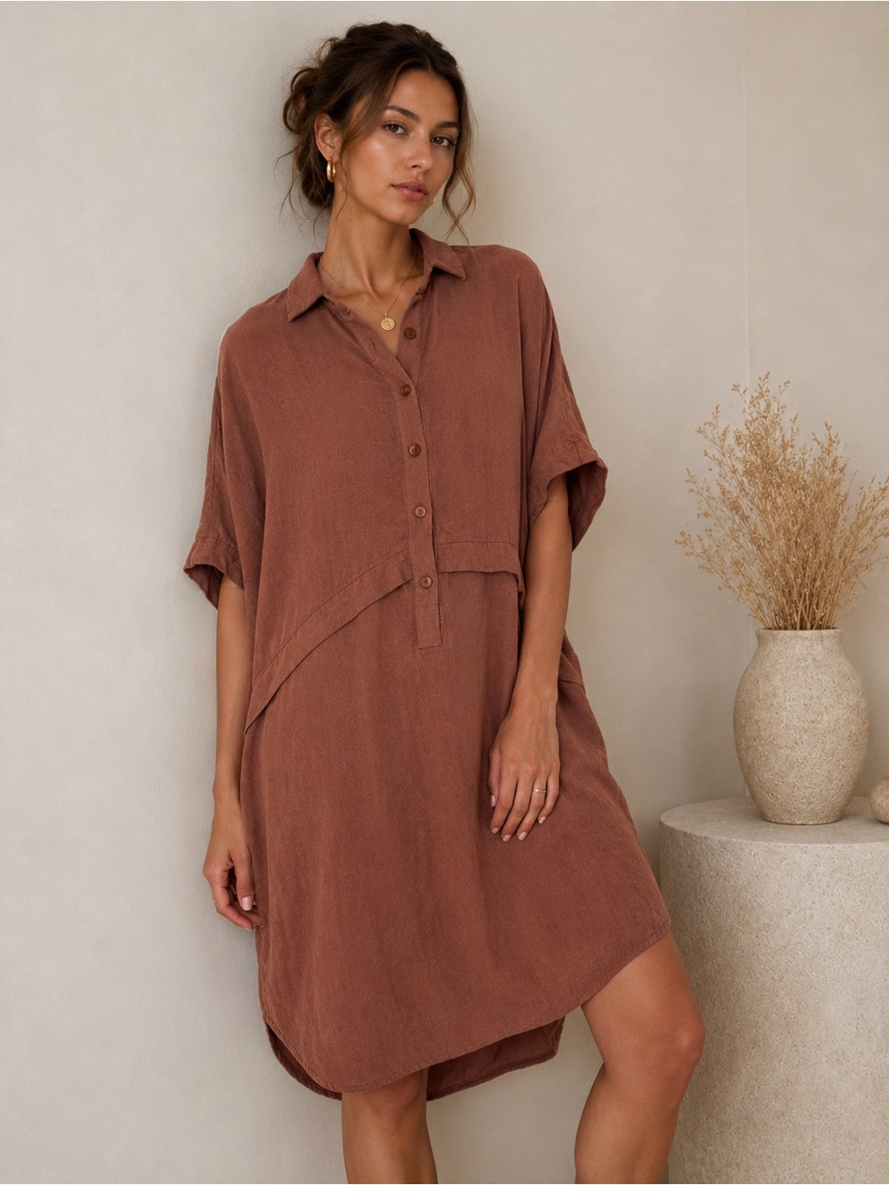 Cokluch Rust brown Linen Oversized Shirt Dress Minimalist Boho Tunic size large